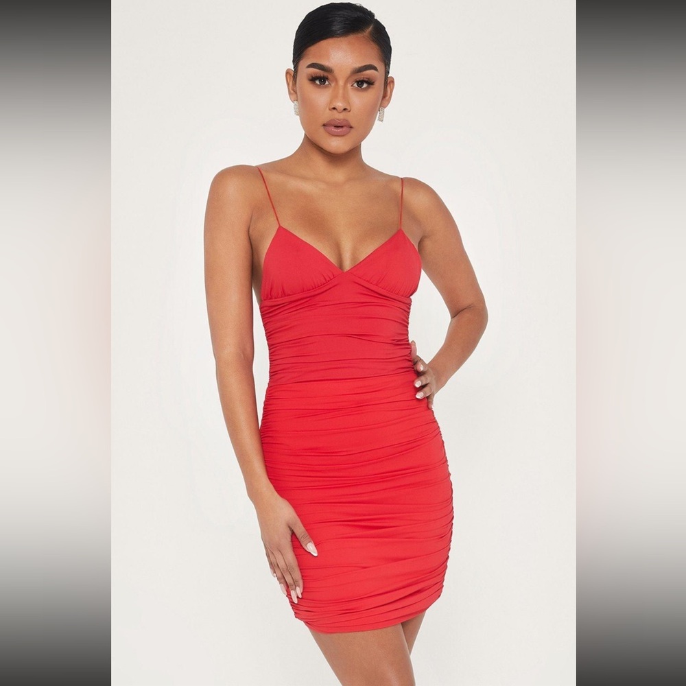 Red ruched body-con dress